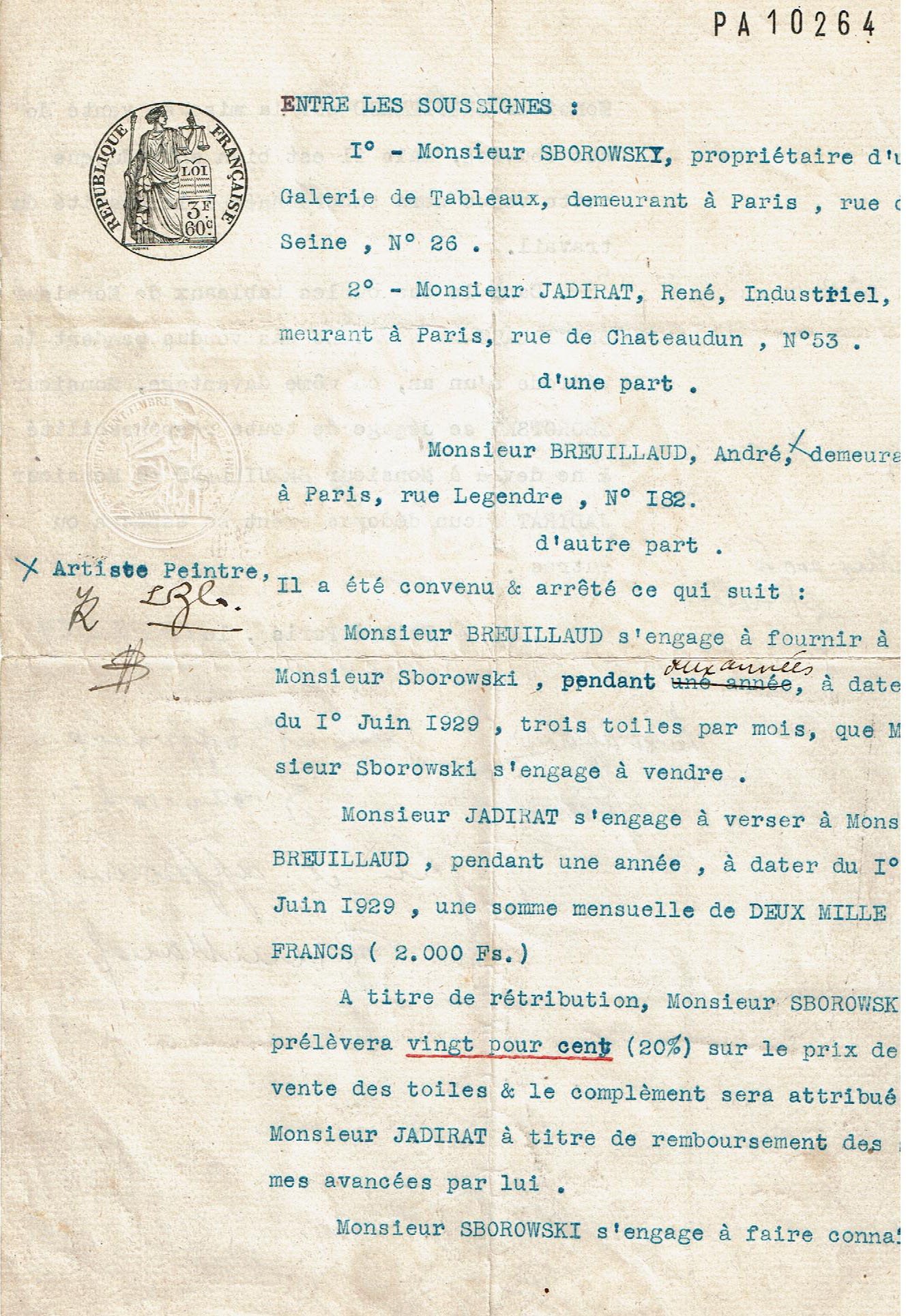 Contrat signé avec le marchand Léopold Zborowski le 10 juillet 1929
