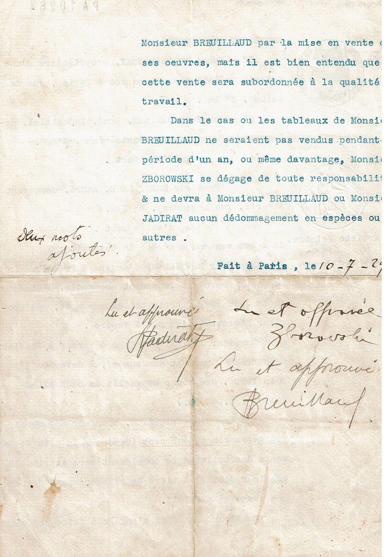 Contrat signé avec le marchand Léopold Zborowski le 10 juillet 1929